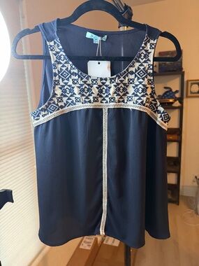 She + Sky Navy Sleeveless Embroidered Yoke Camisole